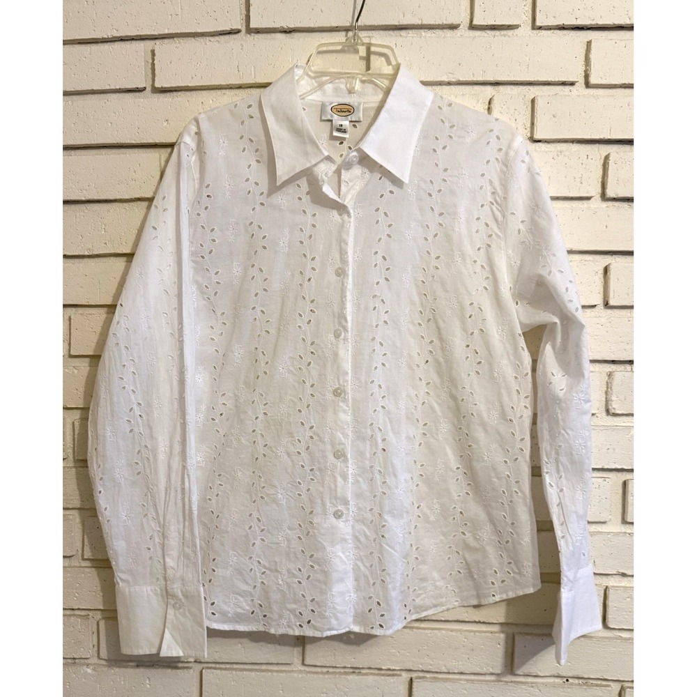Talbots Embroidered Cotton Button Front Eyelet Shirt Size 18, White